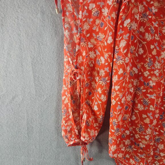 Veronica Beard Flyn Bow Silk Blouse Sz 6 Tie Sleeves Red Floral Boho Summer - Picture 7 of 7